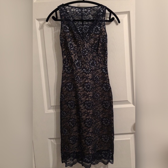Dresses & Skirts - BCBG Maxazria Sheer Blue Lace Overlay w/ Nude Slip